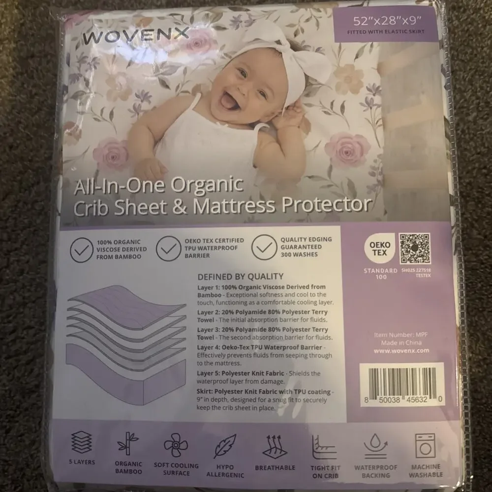 Organic Bamboo All in One Crib Sheet & Mattress Protector Wovenx 52x28x9 NIP
